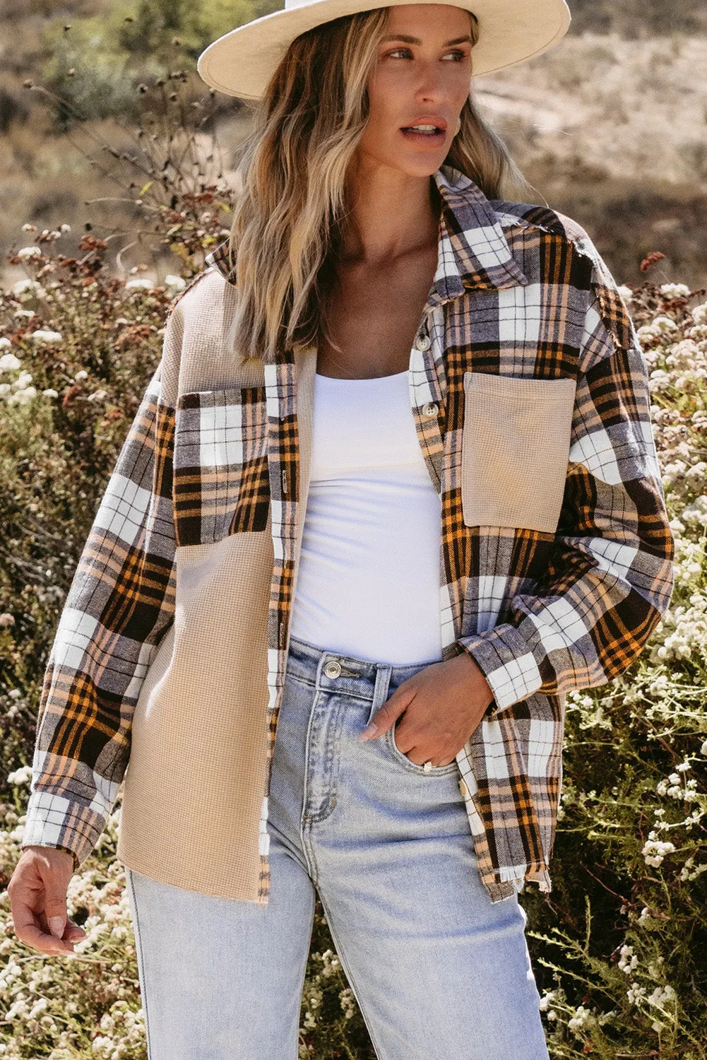 Thermal Knit Plaid Patchwork Shacket