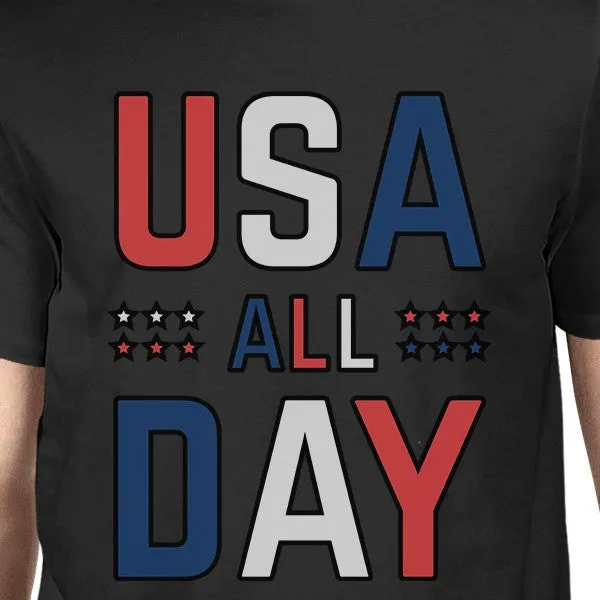 USA All Day Mens Black Cotton Crewneck T-Shirt For Independence Day