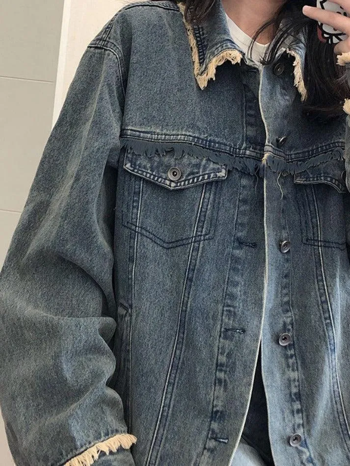 Vintage Denim Raw Edge Embellished Jacket