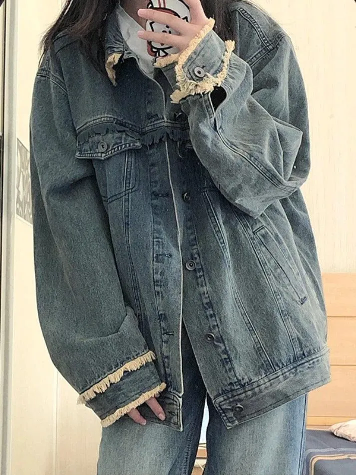 Vintage Denim Raw Edge Embellished Jacket