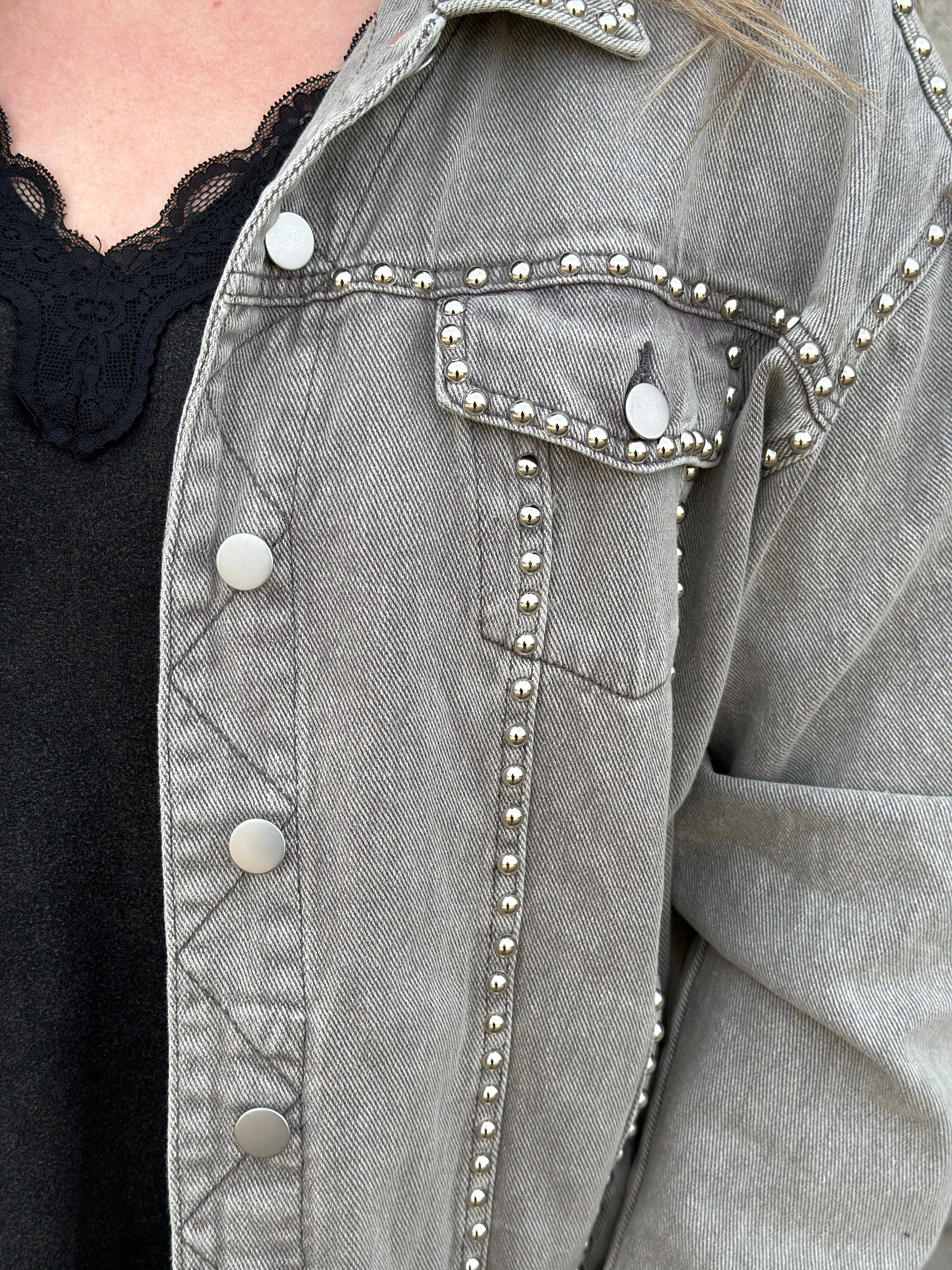 Vintage Grey Studded Denim Jacket - FINAL SALE