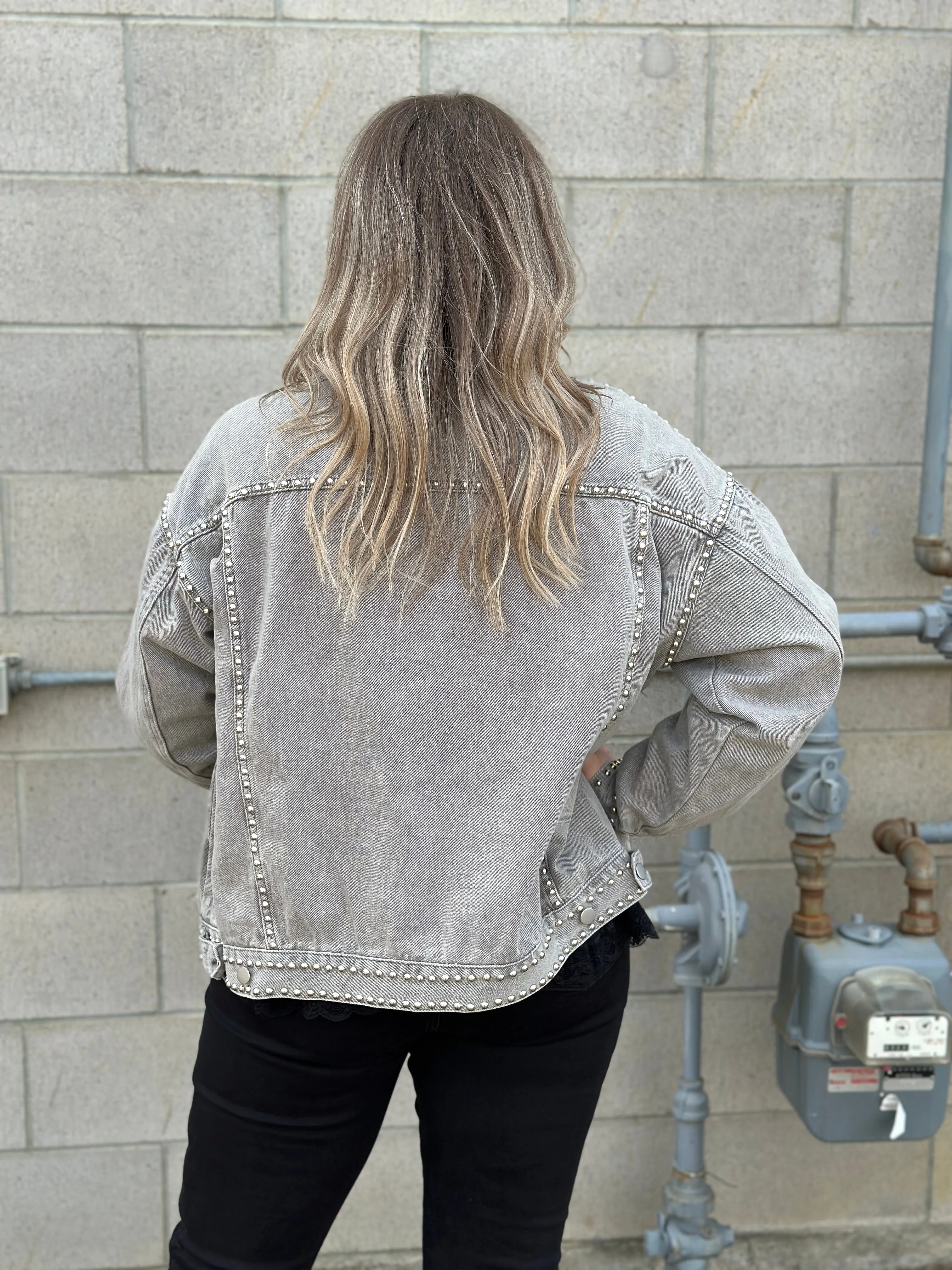 Vintage Grey Studded Denim Jacket - FINAL SALE