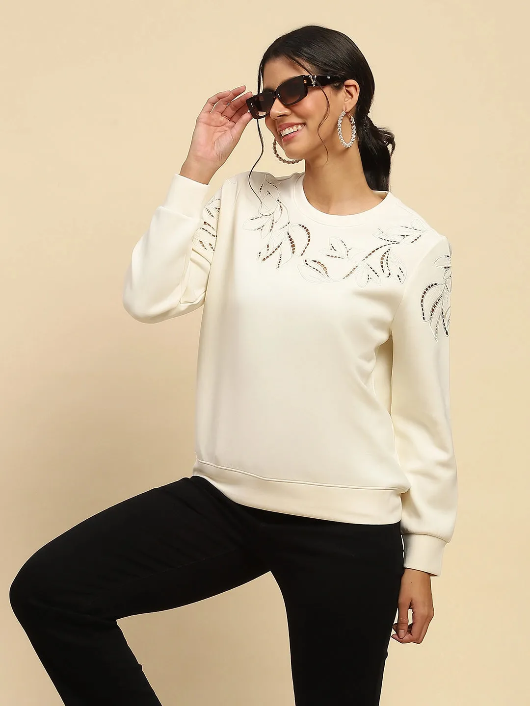 White Cut Work Poly Blend Sweatshirt