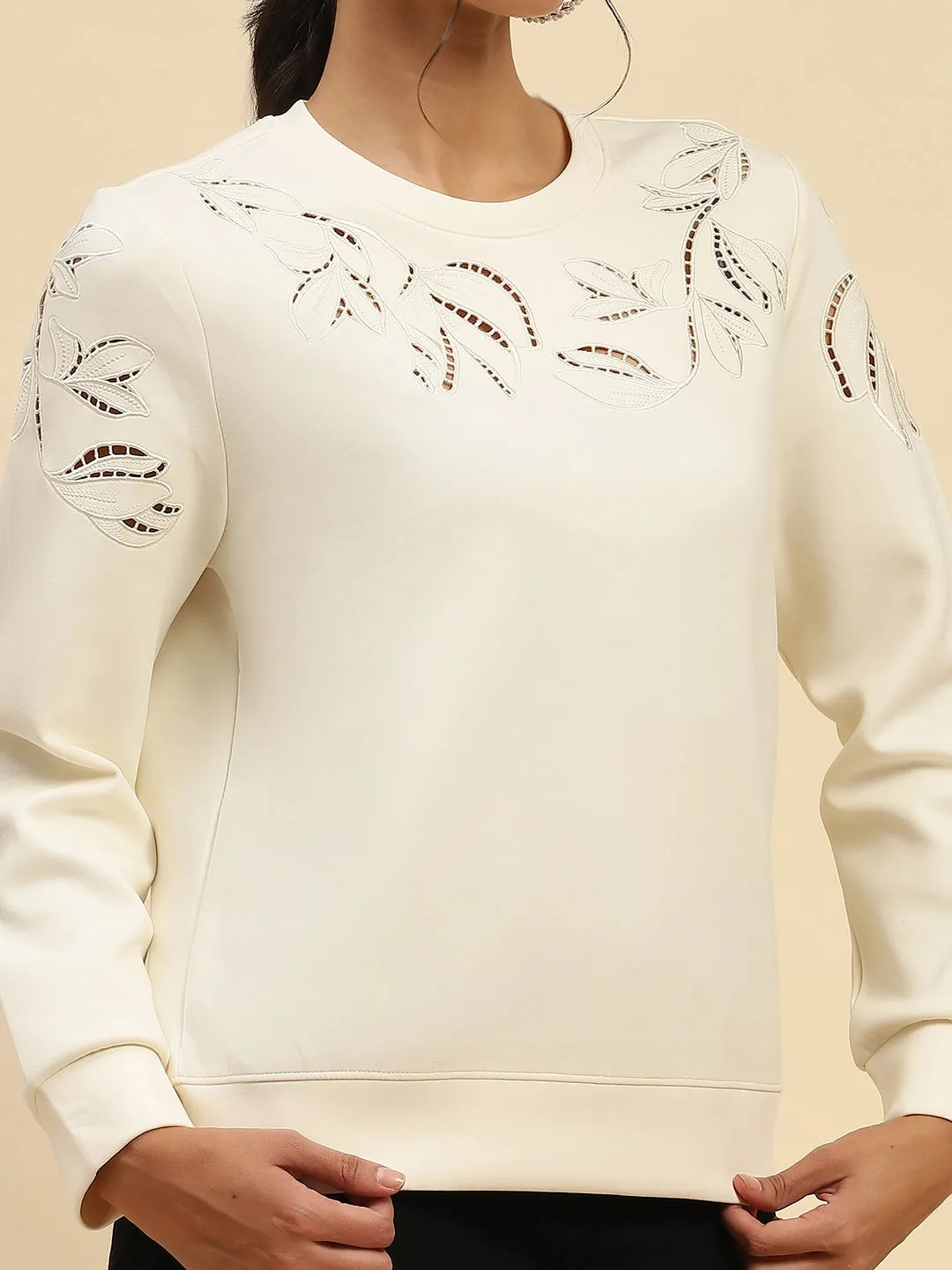 White Cut Work Poly Blend Sweatshirt