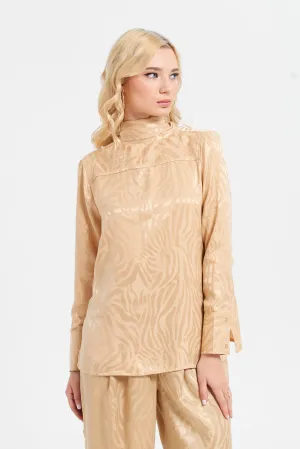 Women Beige Bow Satin Jacquard Blouse