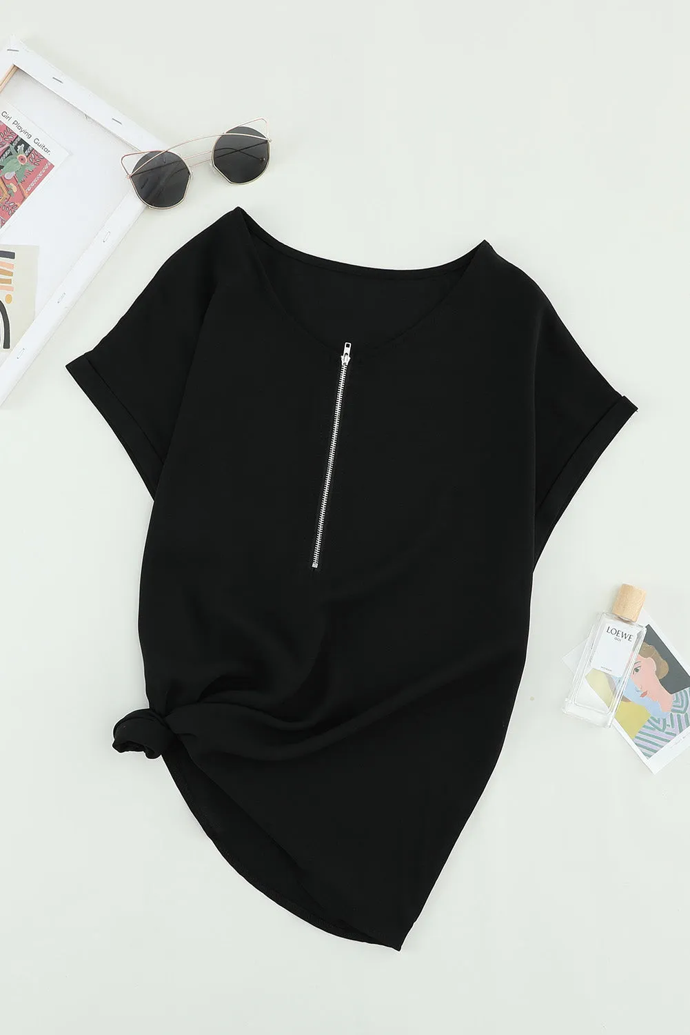 Women Black Short Sleeve Zip To It Blouse