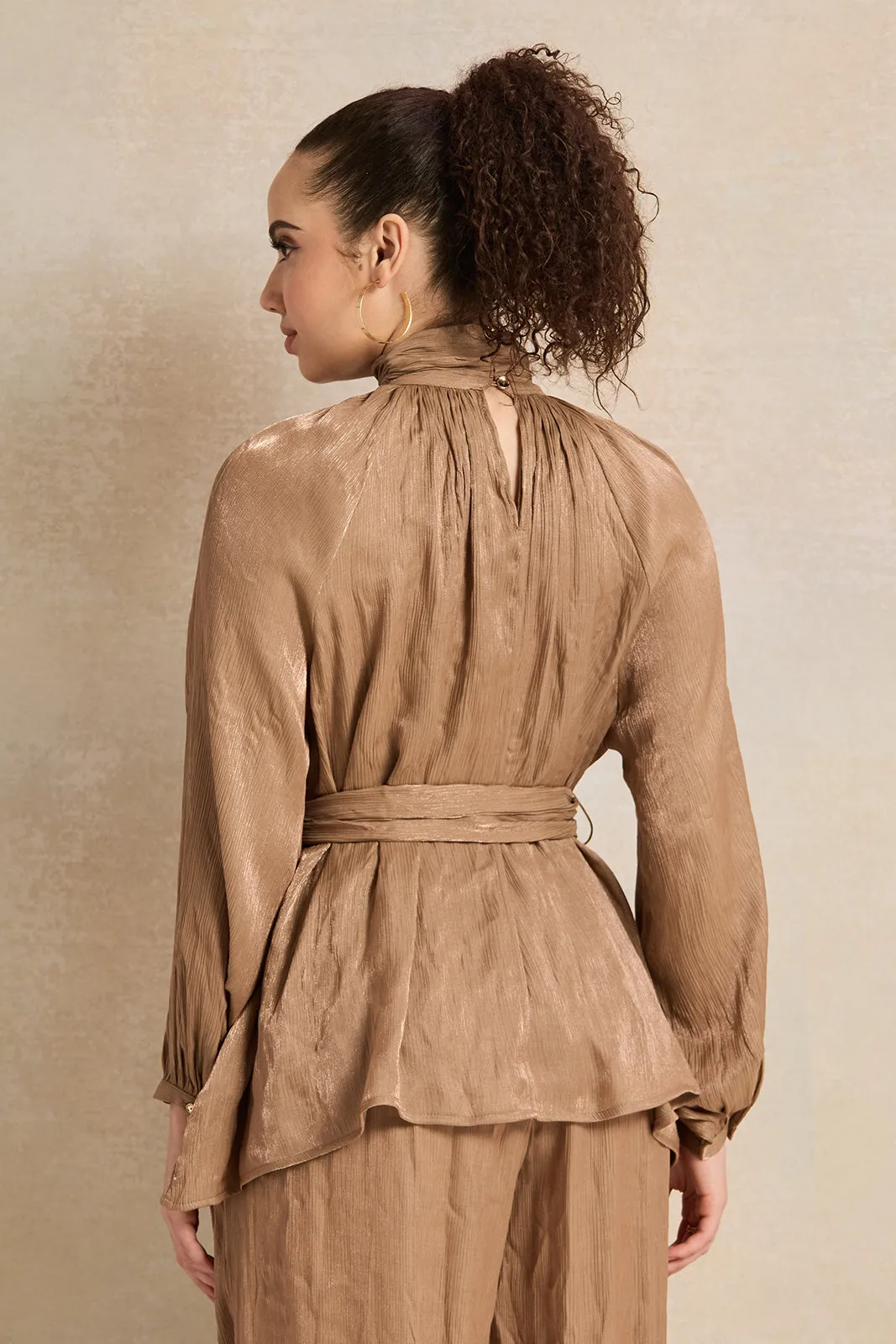 Women Bronze Shimmer Crinkle Belted Blouse