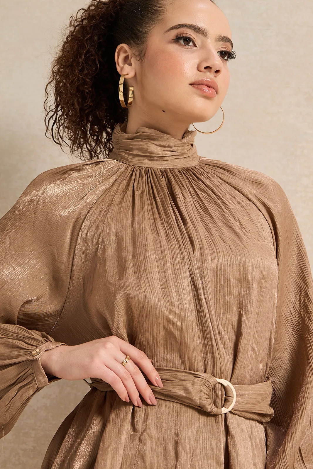 Women Bronze Shimmer Crinkle Belted Blouse