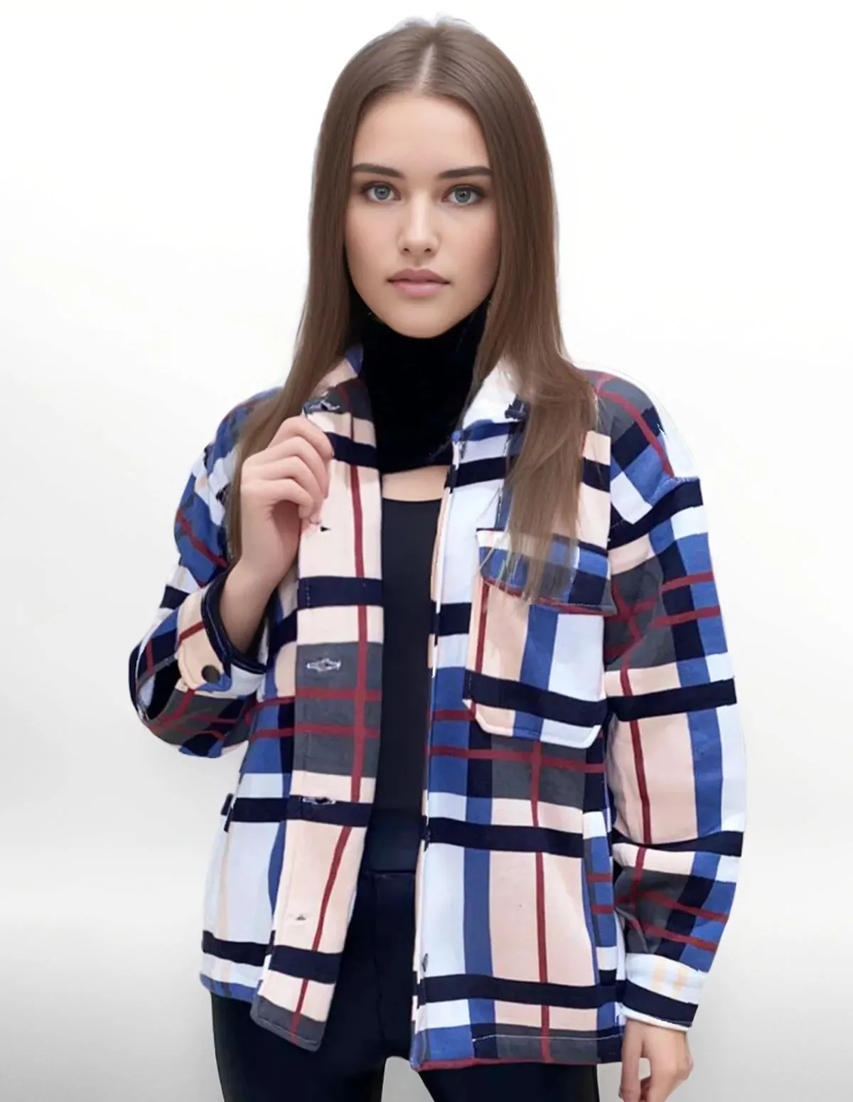 Women Check Fleece Casual Shacket Jacket Loose Outerwear