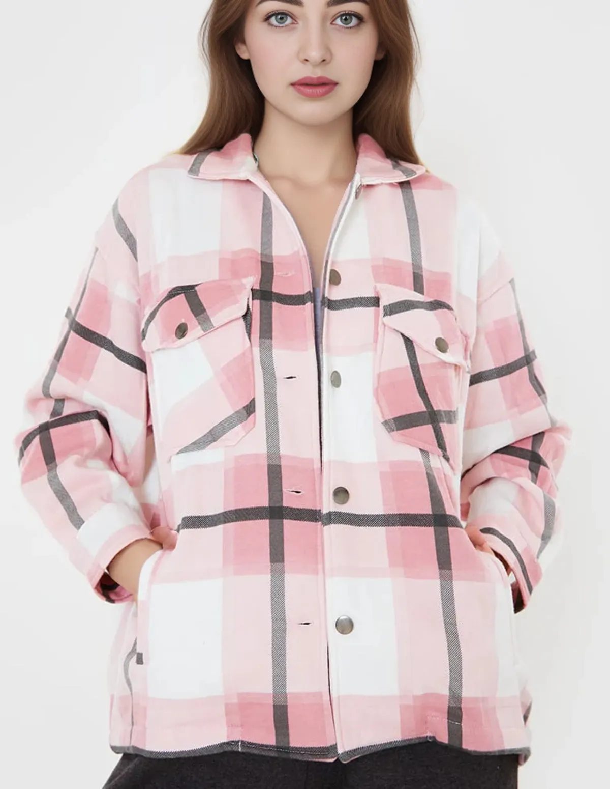 Women Check Fleece Casual Shacket Jacket Loose Outerwear