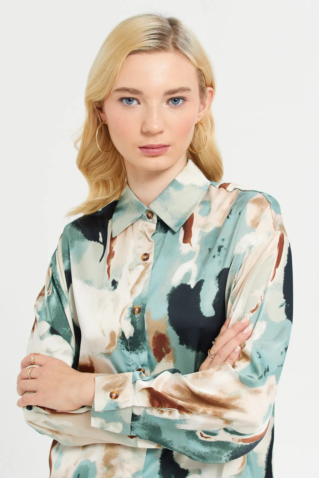 Women Multicolour Printed Oversize Satin Shirt