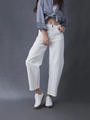 Women Premium Baggy Baloon High Waist Cotton Stretch White Jeans