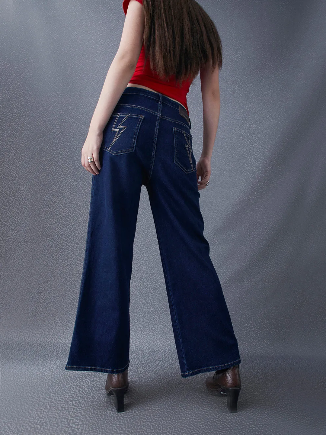 Women Premium Wide Leg Cotton Stretch Dark Indigo Jeans