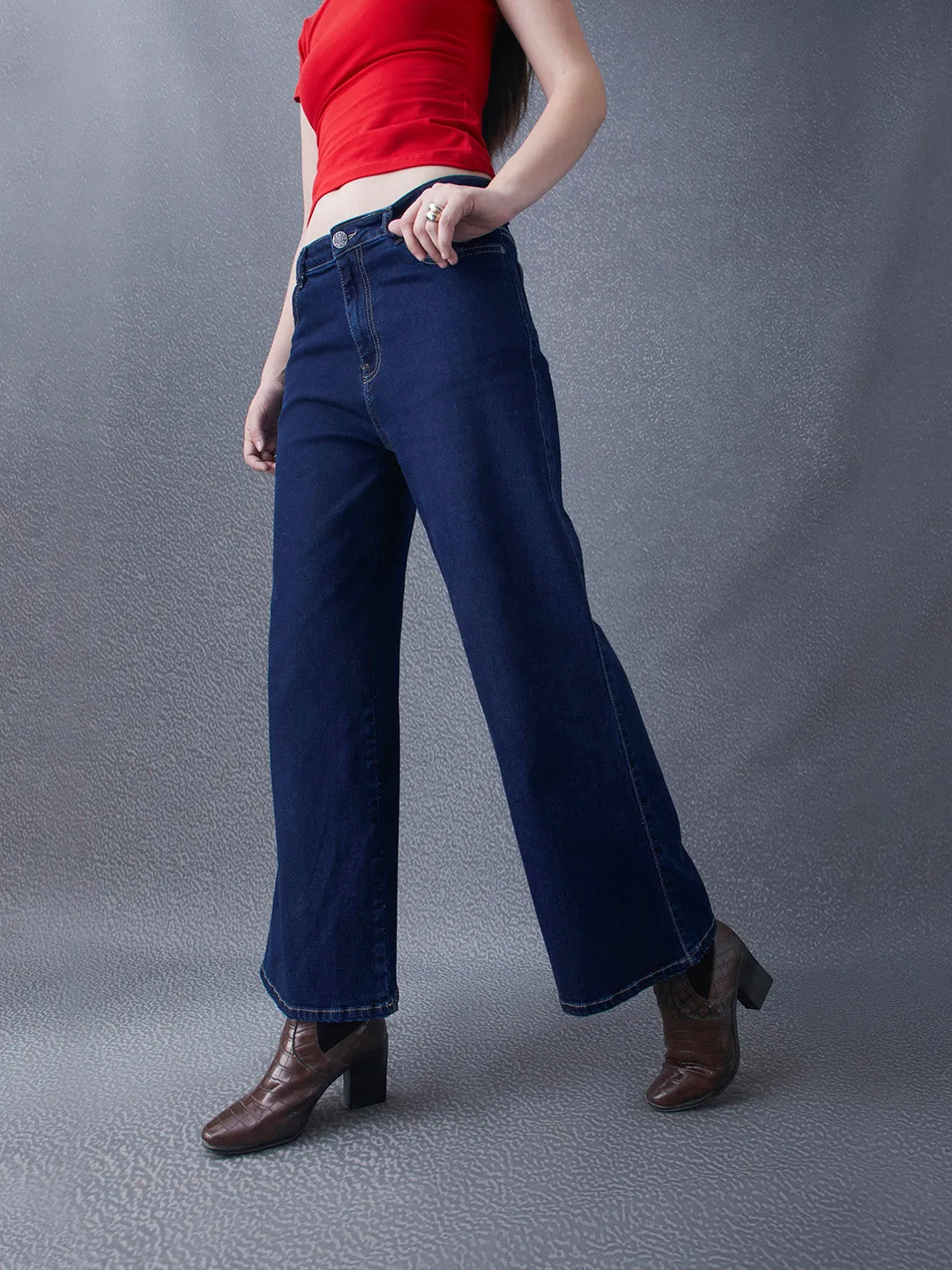 Women Premium Wide Leg Cotton Stretch Dark Indigo Jeans