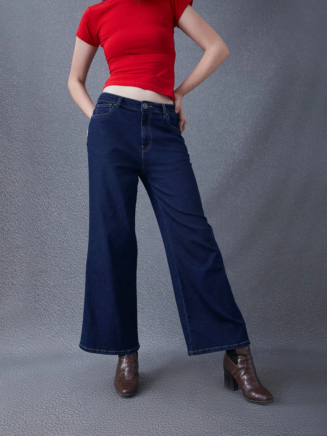 Women Premium Wide Leg Cotton Stretch Dark Indigo Jeans