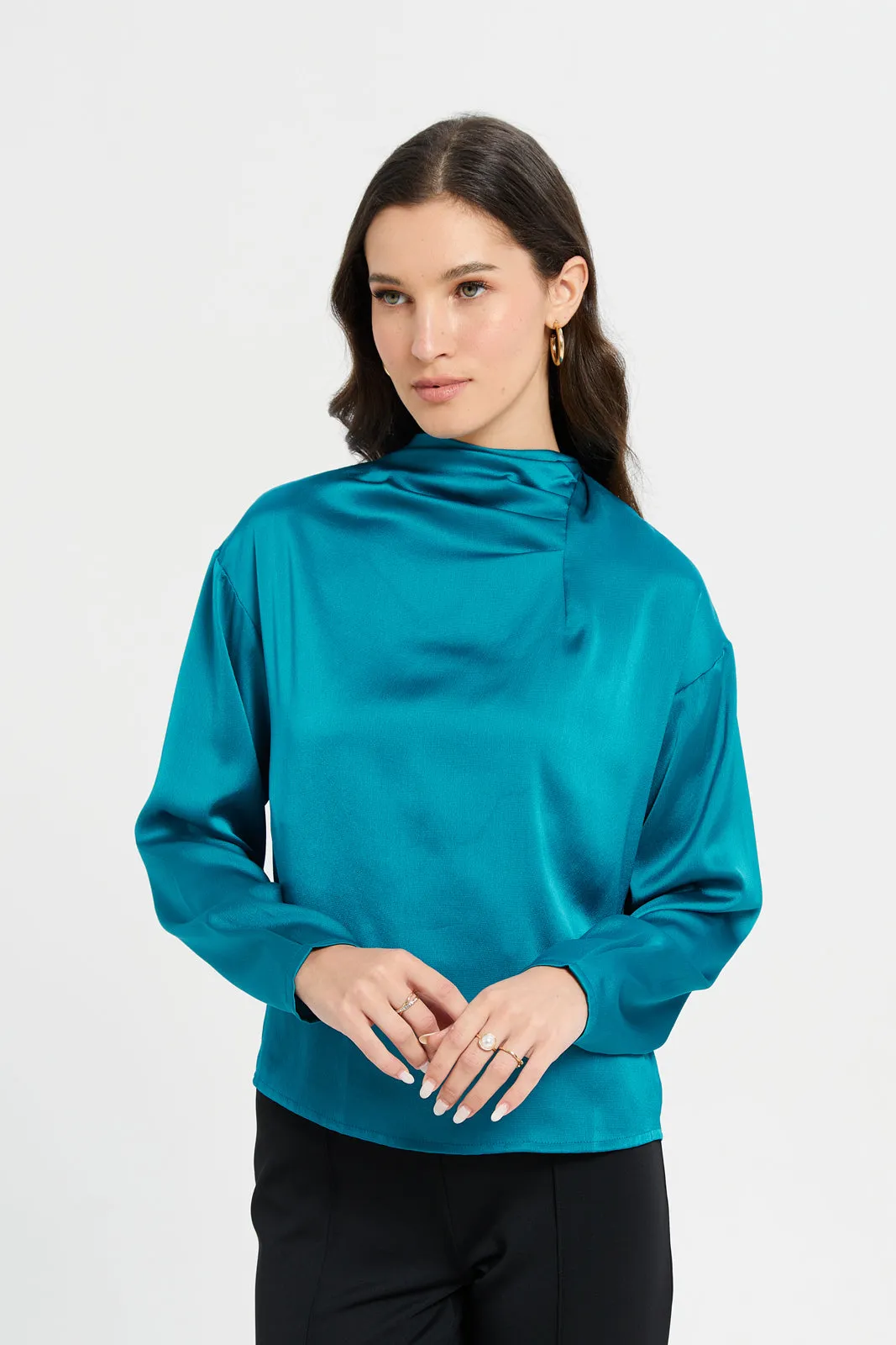 Women Teal Satin Blouse