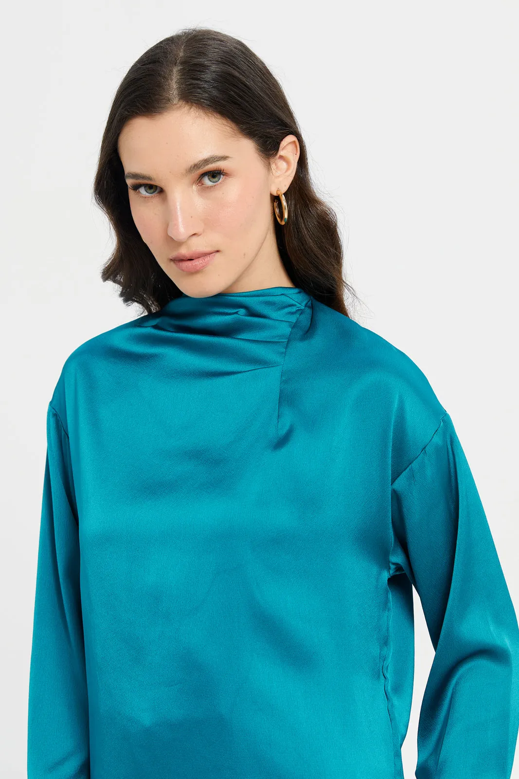 Women Teal Satin Blouse