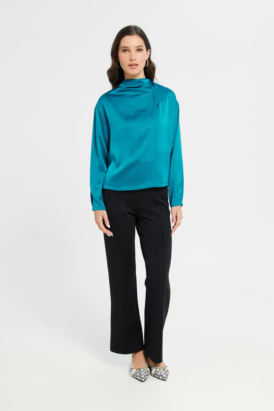 Women Teal Satin Blouse